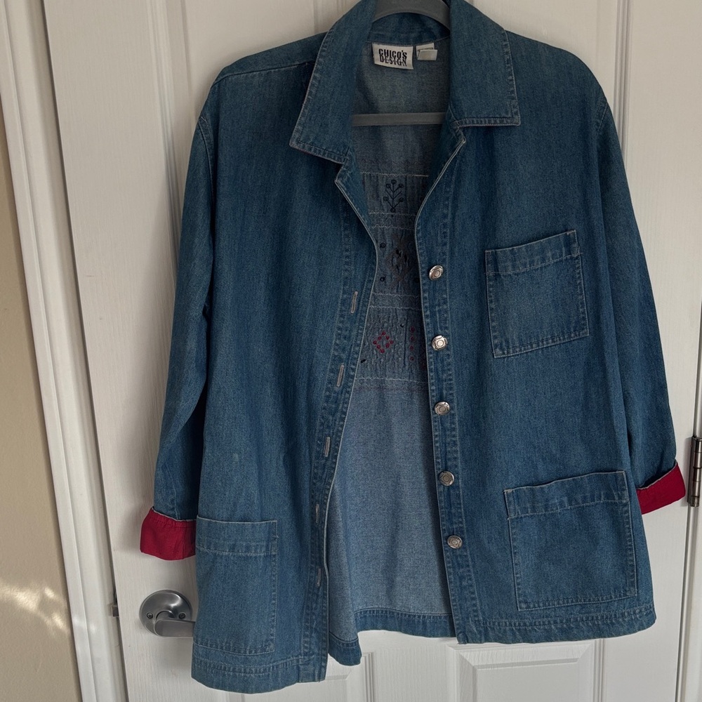VINTAGE Chico's Blue Jean Jacket with Red Cuffs 100% cotton and silk